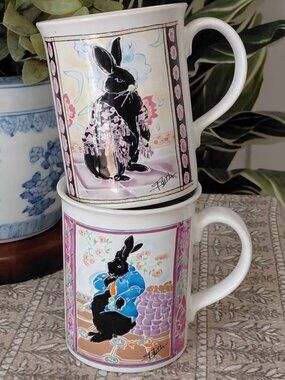 Two Vintage Elegant Rabbit Coffee Cups, Otagiri Edith Collection